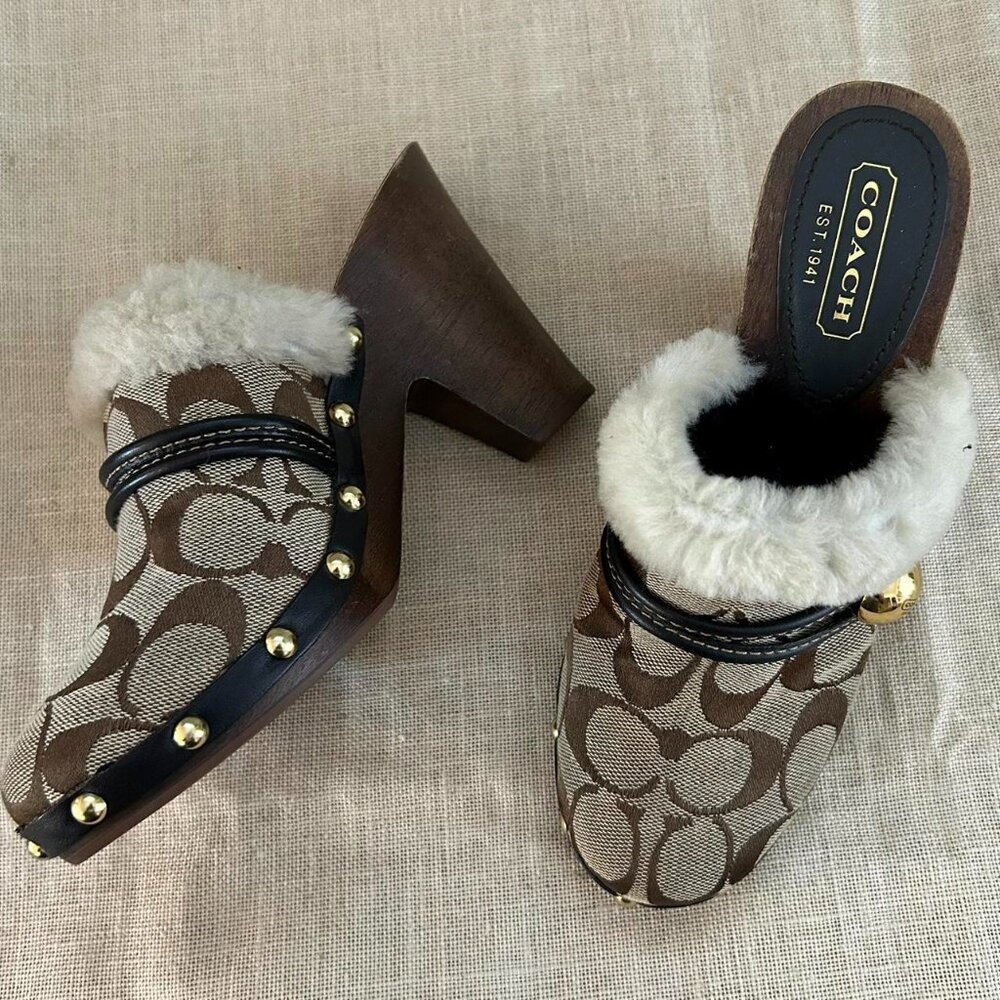COACH Monogram Shearling-Lined Wooden Clog Mules – Size 6